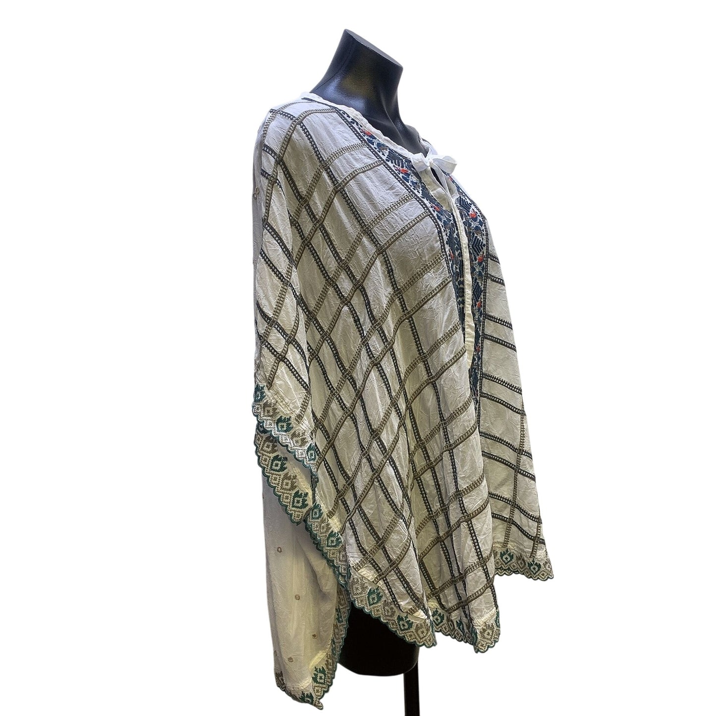 Johnny Was White w/Multicolored Embroidery Sheer Poncho Top, Size Small