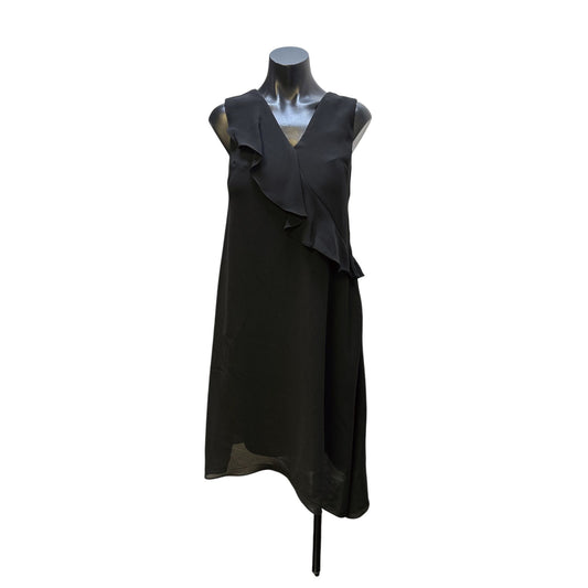 Saks Fifth Avenue Sleeveless Black Ruffled A-Line Dress With V-Neck Design