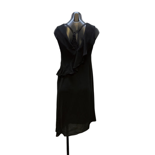 Saks Fifth Avenue Sleeveless Black Ruffled A-Line Dress With V-Neck Design