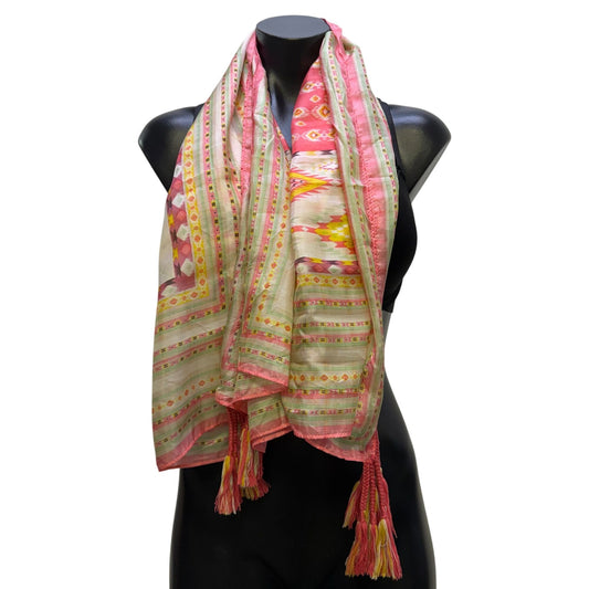 Johnny Was Printed Multi-Color Lightweight Scarf With Tassels
