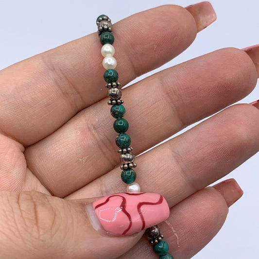 Malachite & Pearl Beaded Necklace With Silver-Tone Accents And Lobster Clasp Closure