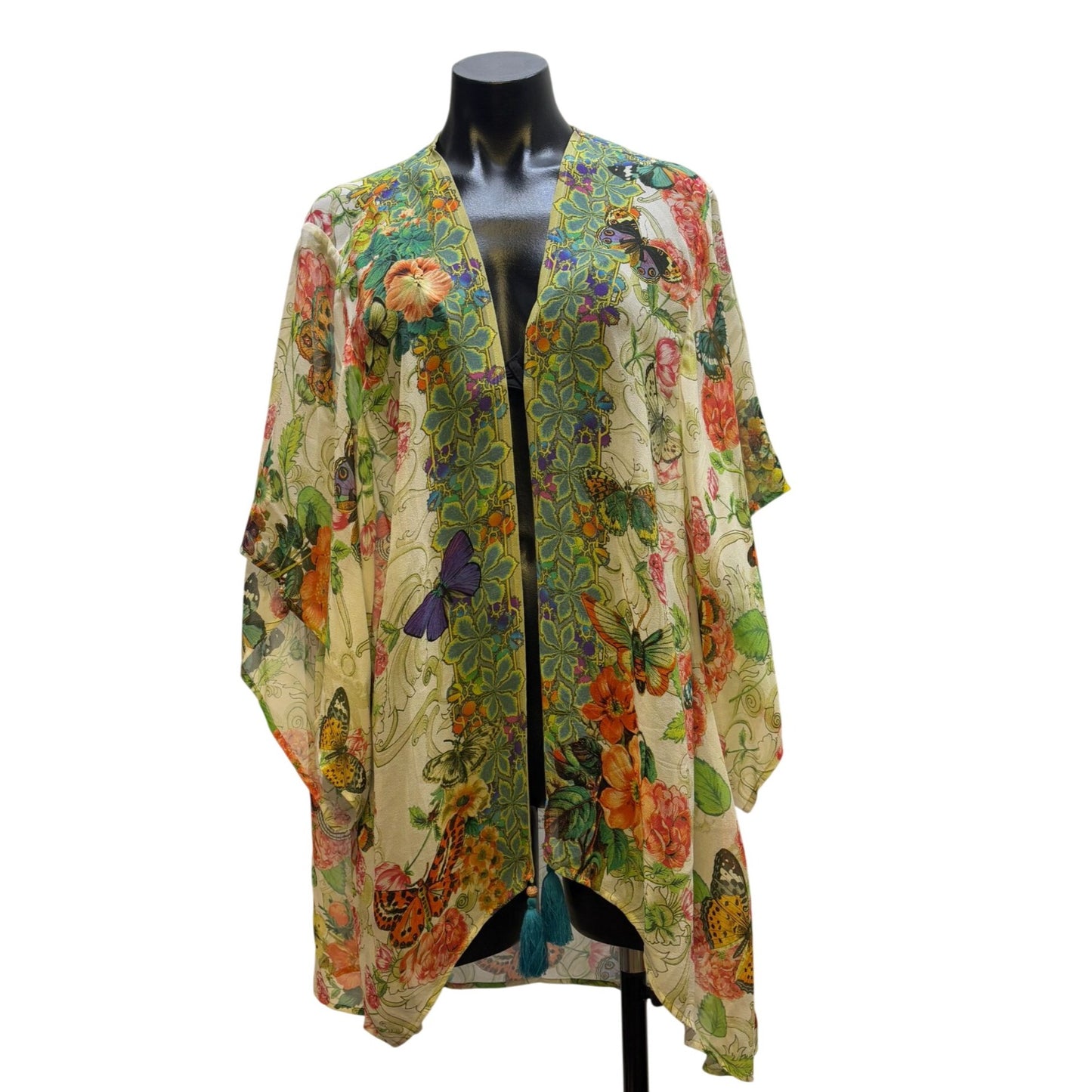 Johnny Was Floral Butterfly Kimono Jacket With Tassels S