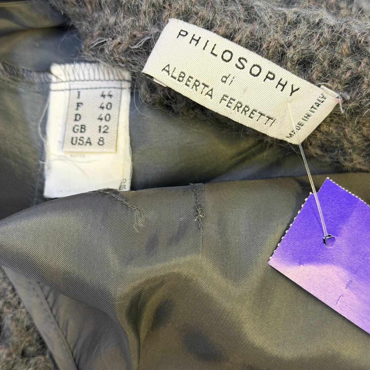 Philosophy Di Alberta Ferretti Gray Crochet Sweater Dress W/Slip Satin S