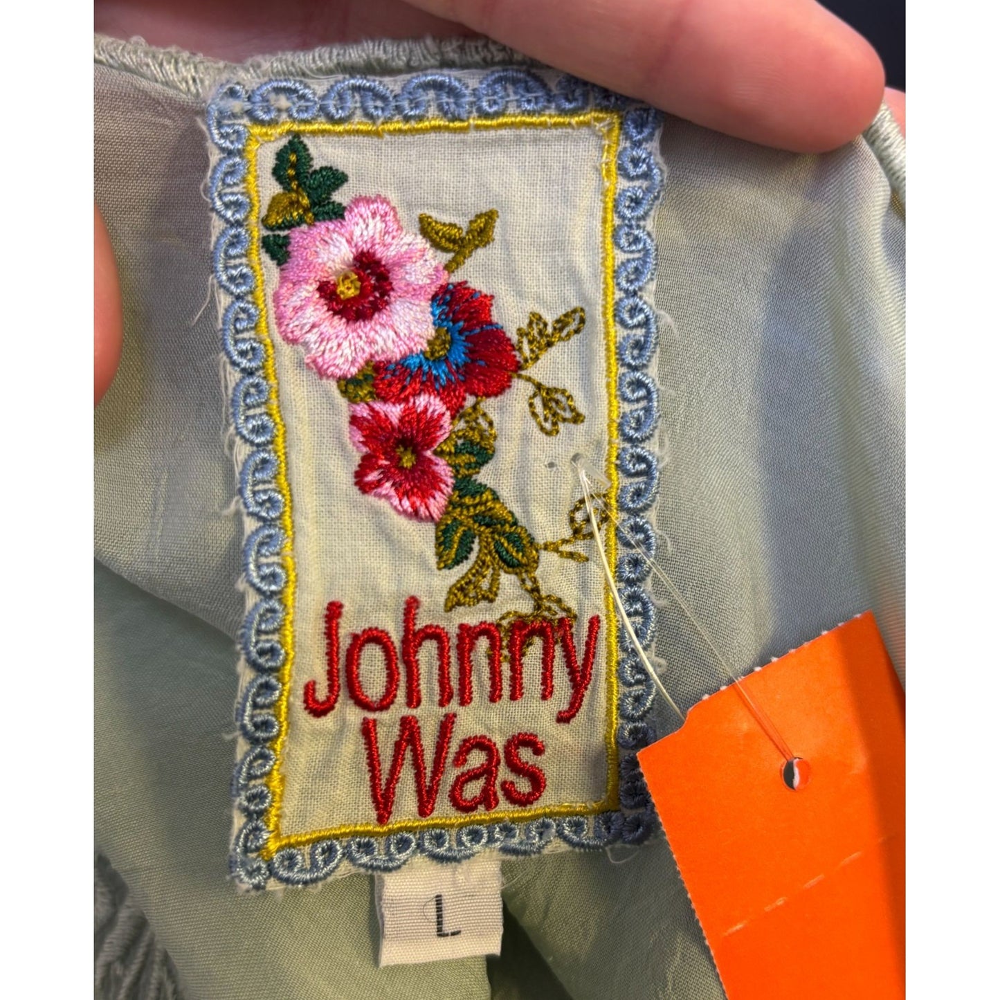 Johnny Was Mint Green Embroidered Silk Blouse L
