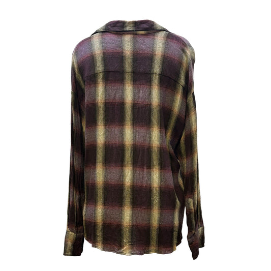 Diega Plaid Button-Up Blouse Purple & Gray Long Sleeve L