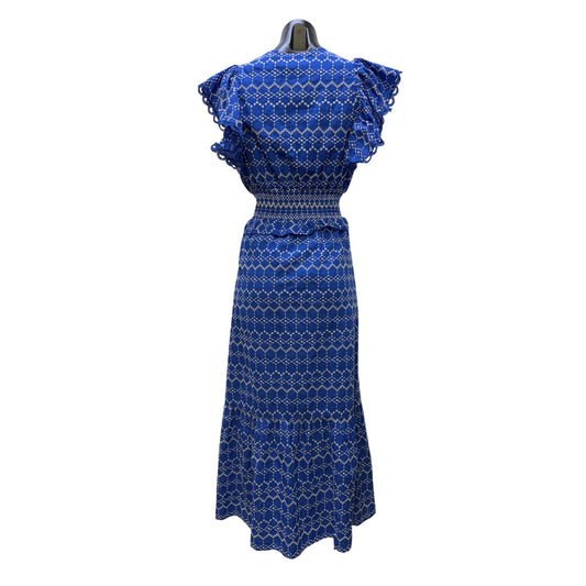 O.P.T Blue & White Embroidered Midi Dress With Ruffled Sleeves M