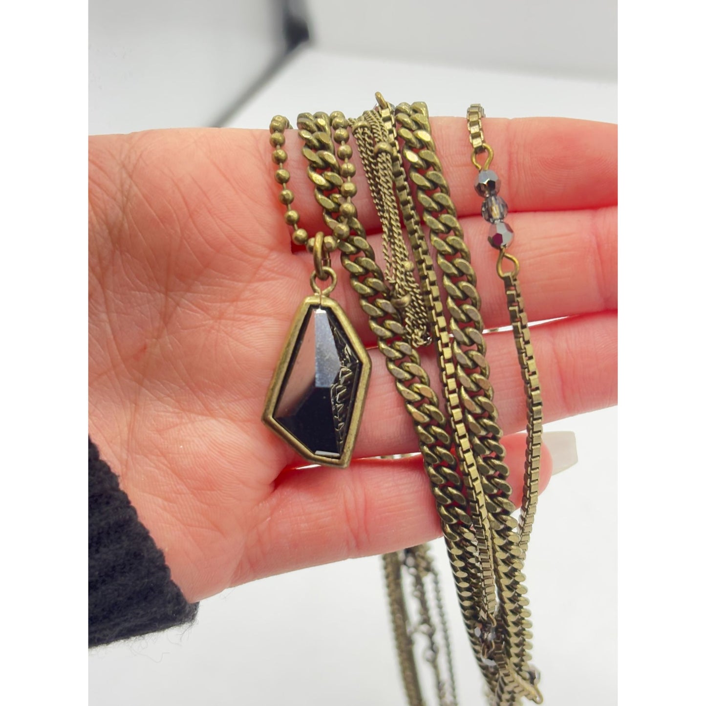 Silpada Layered Brass Necklace With Faceted Black Stone Pendant