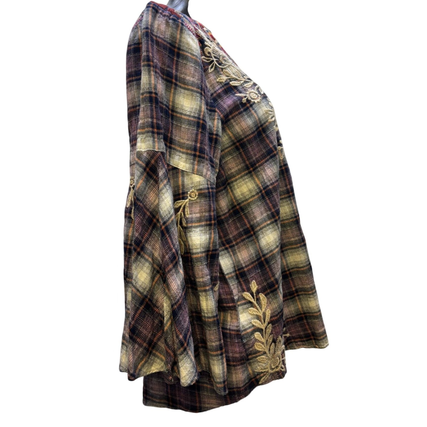 NWT Johnny Was Mica Swing Blouse Plaid Embroidered L