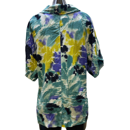 NWT St. John Silk & Lycra Blouse Teal Purple Abstract Print L