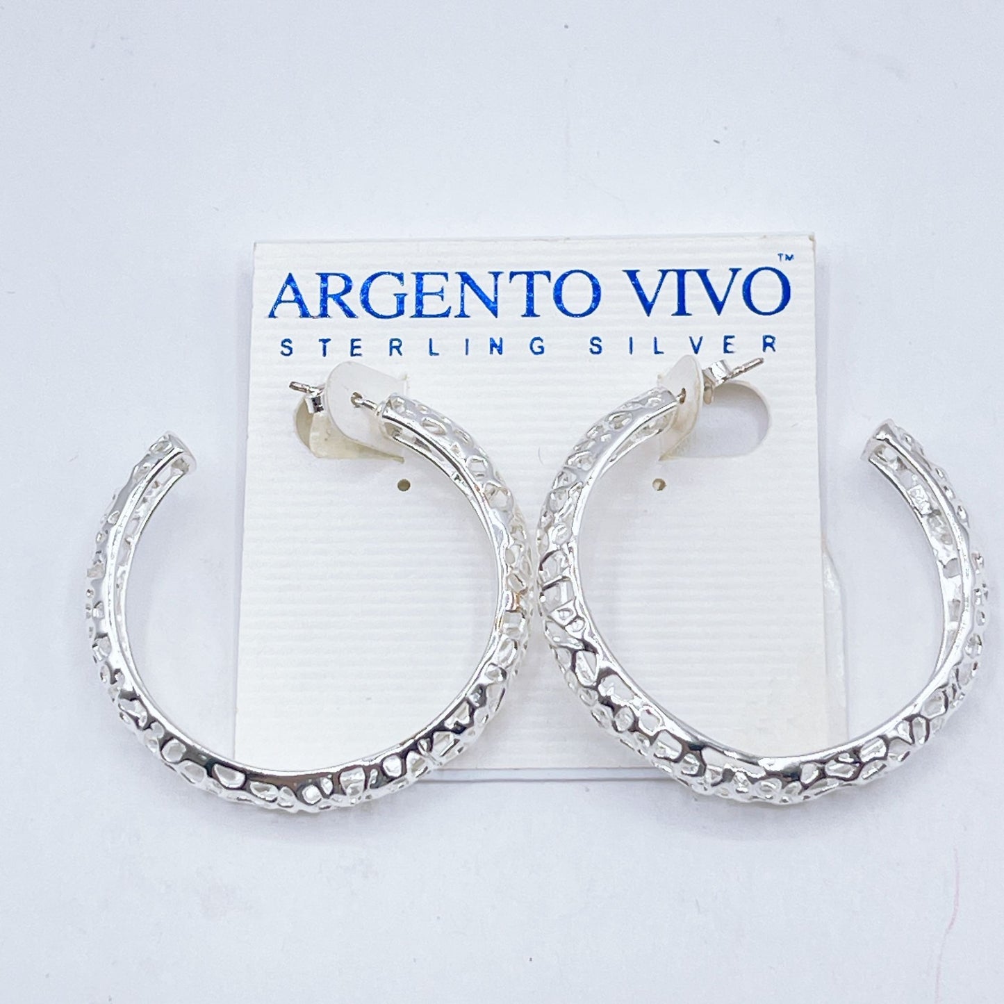 Argento Vivo Sterling Silver Textured Hoop Earrings Medium Size Polished Finish