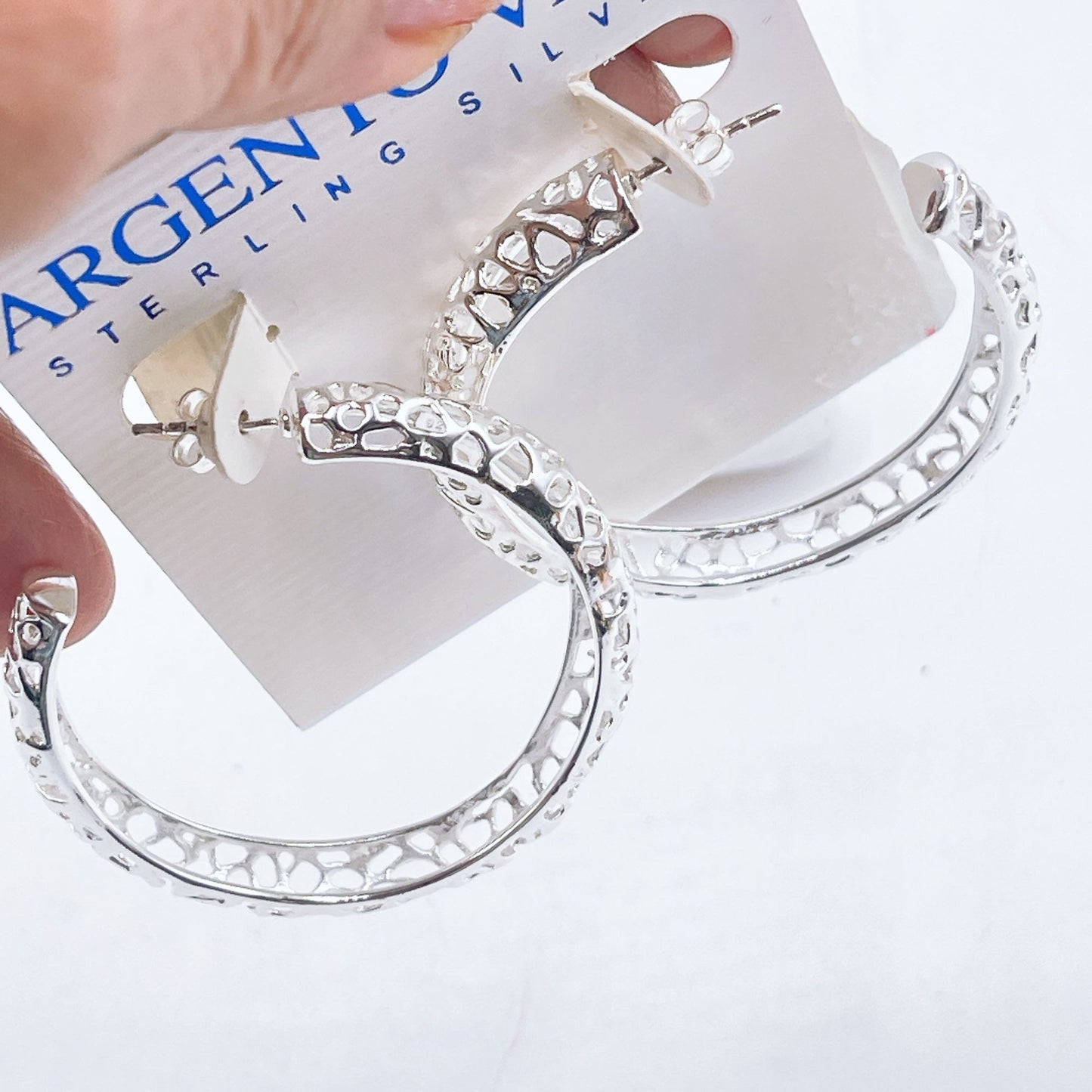 Argento Vivo Sterling Silver Textured Hoop Earrings Medium Size Polished Finish