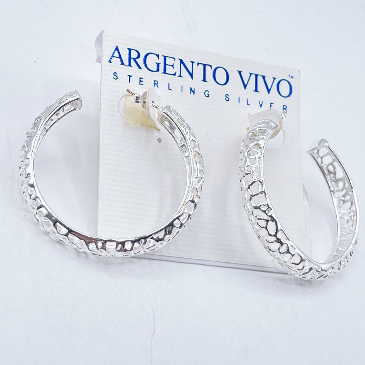 Argento Vivo Sterling Silver Textured Hoop Earrings Medium Size Polished Finish