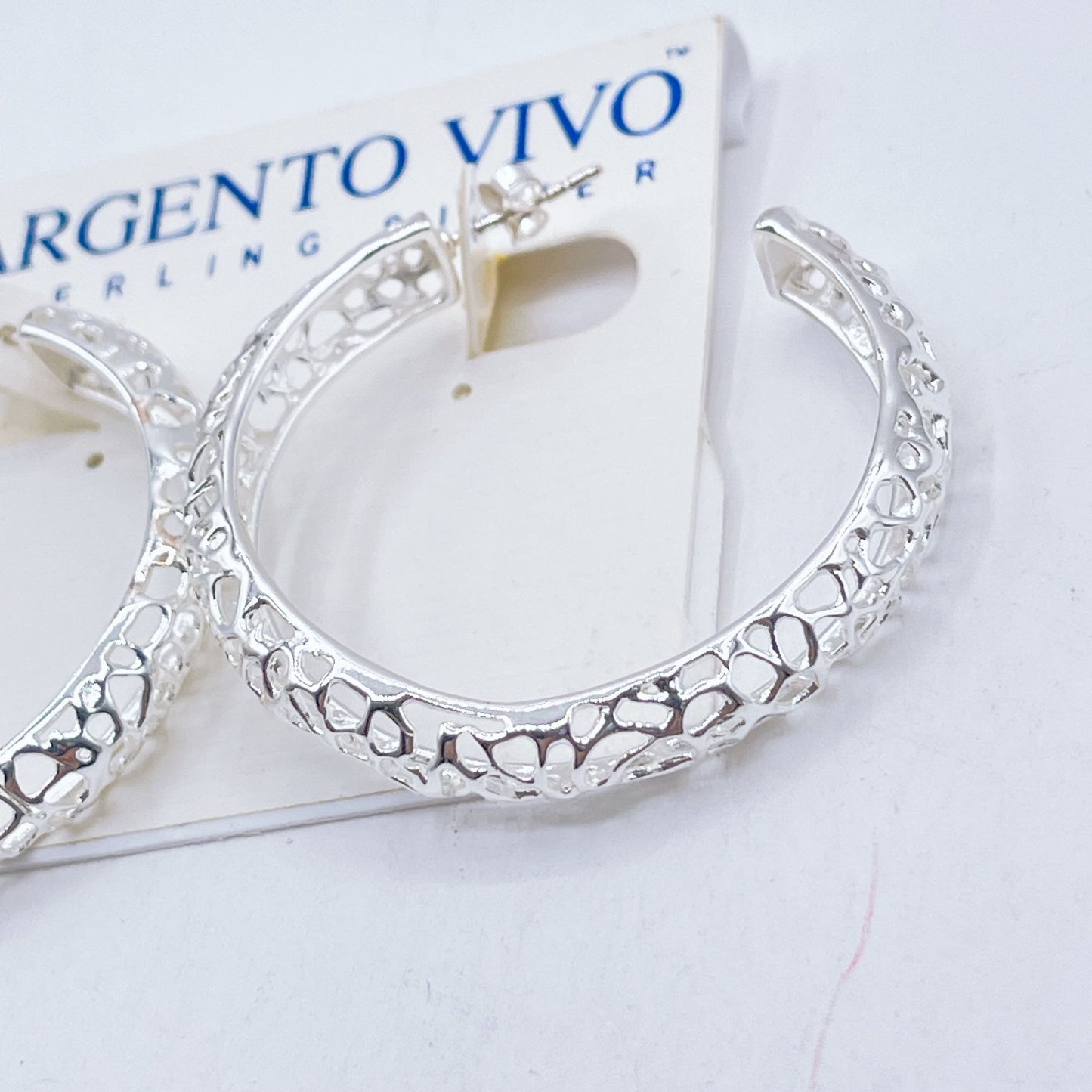 Argento Vivo Sterling Silver Textured Hoop Earrings Medium Size Polished Finish