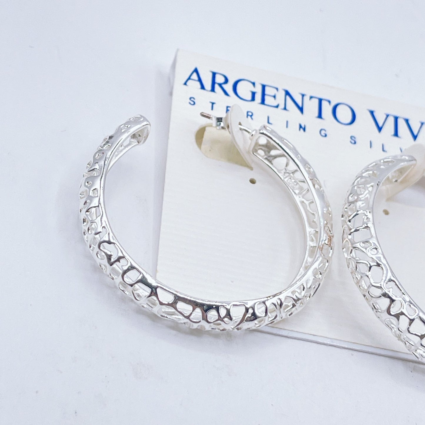 Argento Vivo Sterling Silver Textured Hoop Earrings Medium Size Polished Finish