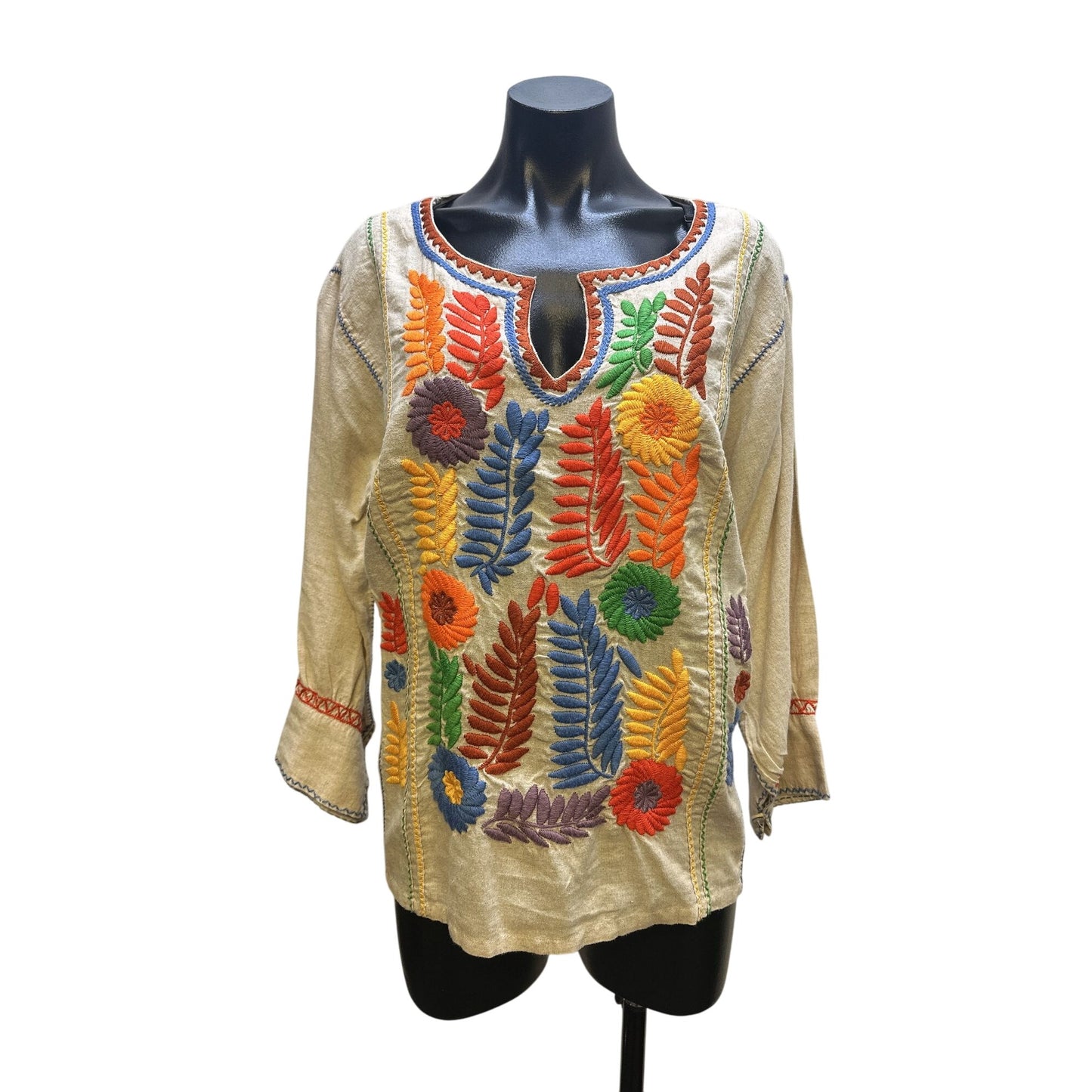 Sister Mary Tan w/Multicolor Floral Embroidered Boho Blouse Size M