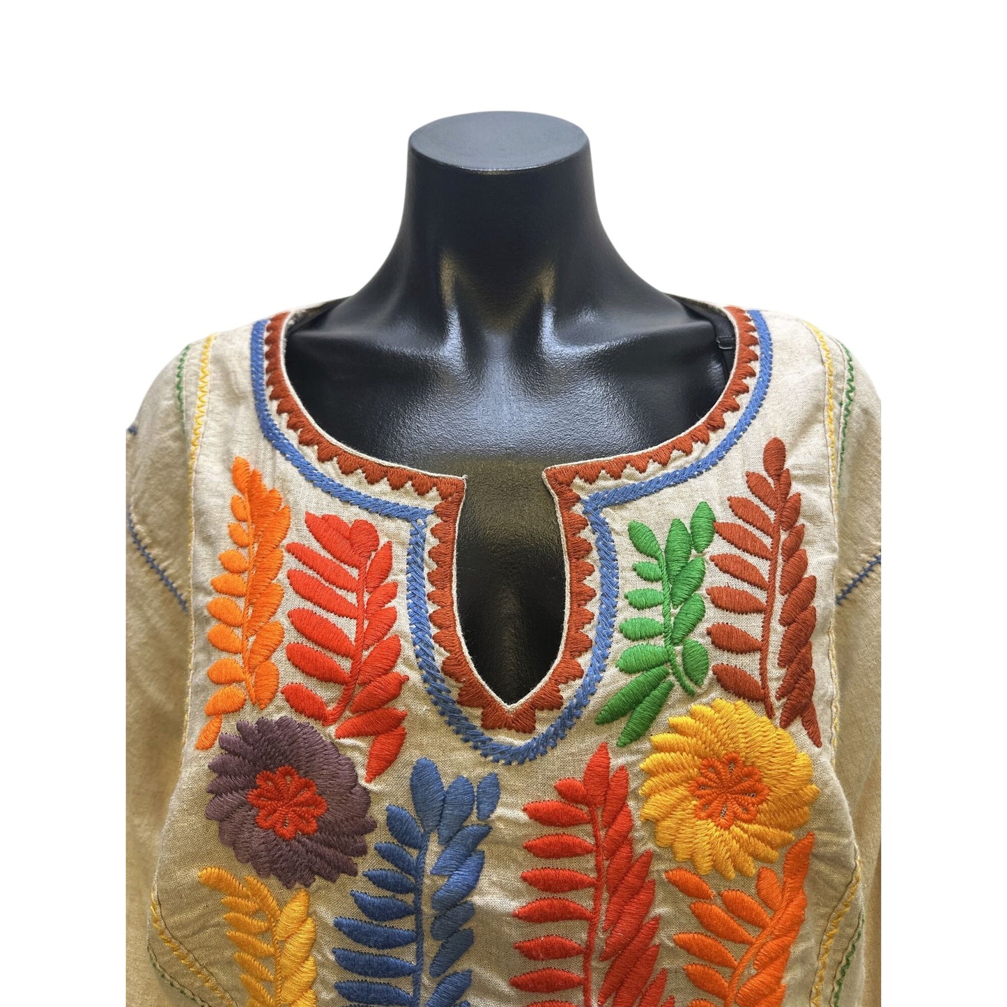 Sister Mary Tan w/Multicolor Floral Embroidered Boho Blouse Size M