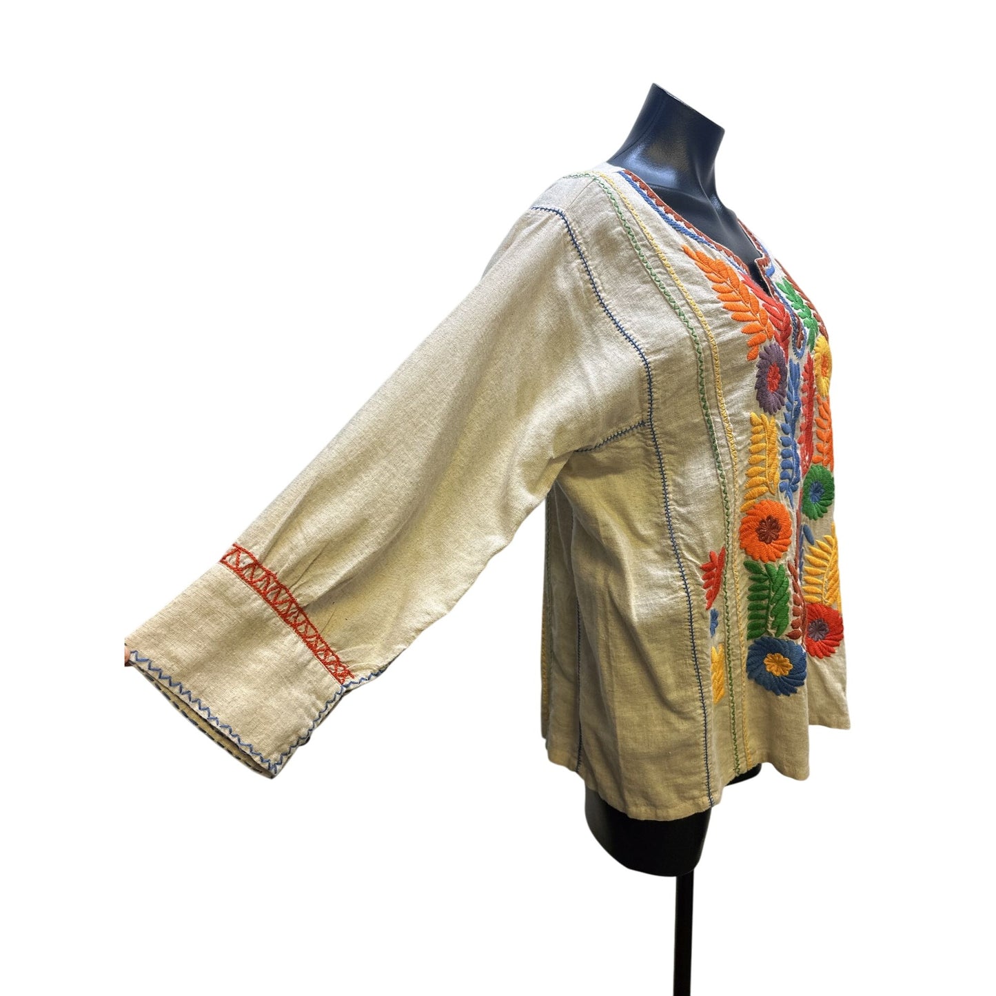 Sister Mary Tan w/Multicolor Floral Embroidered Boho Blouse Size M