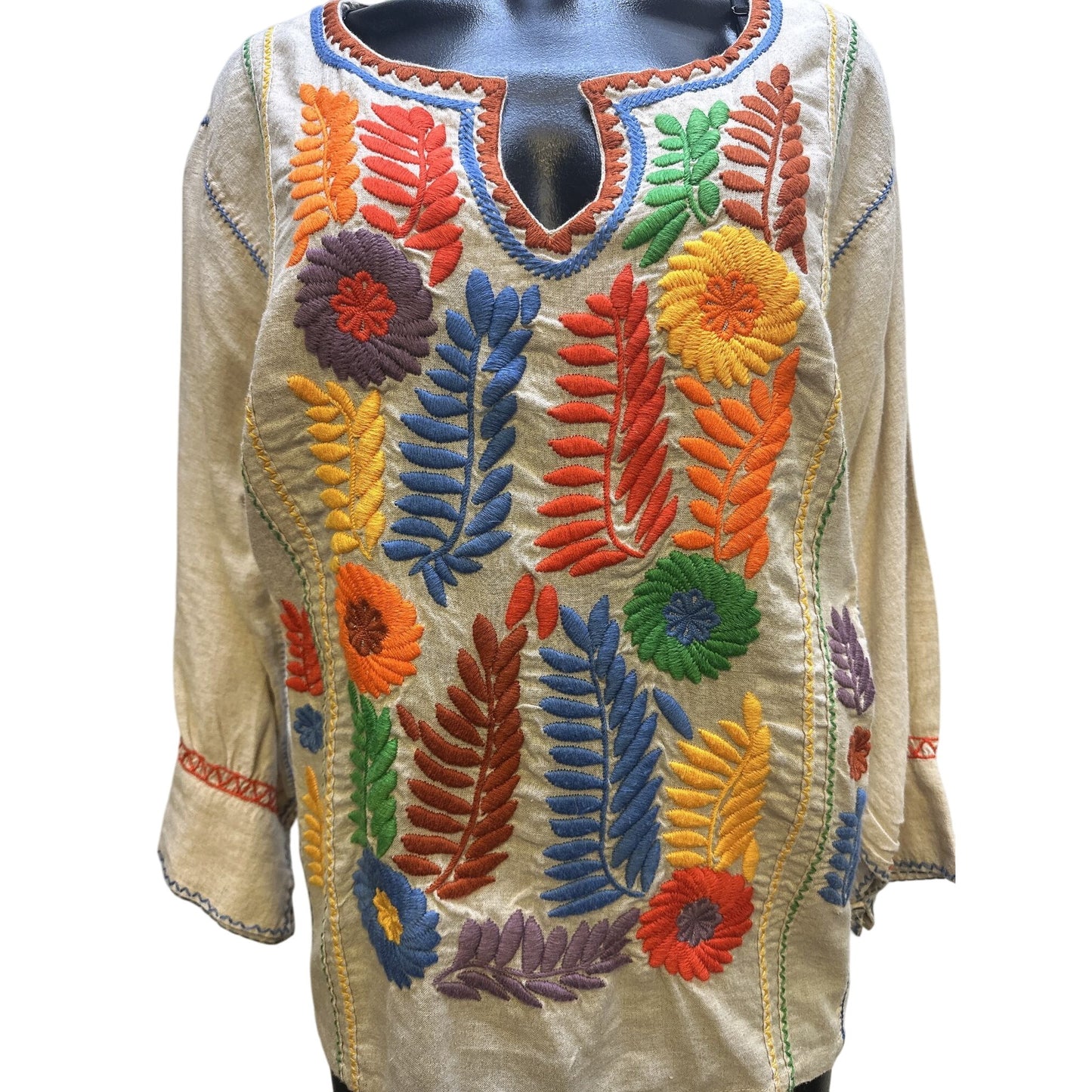 Sister Mary Tan w/Multicolor Floral Embroidered Boho Blouse Size M