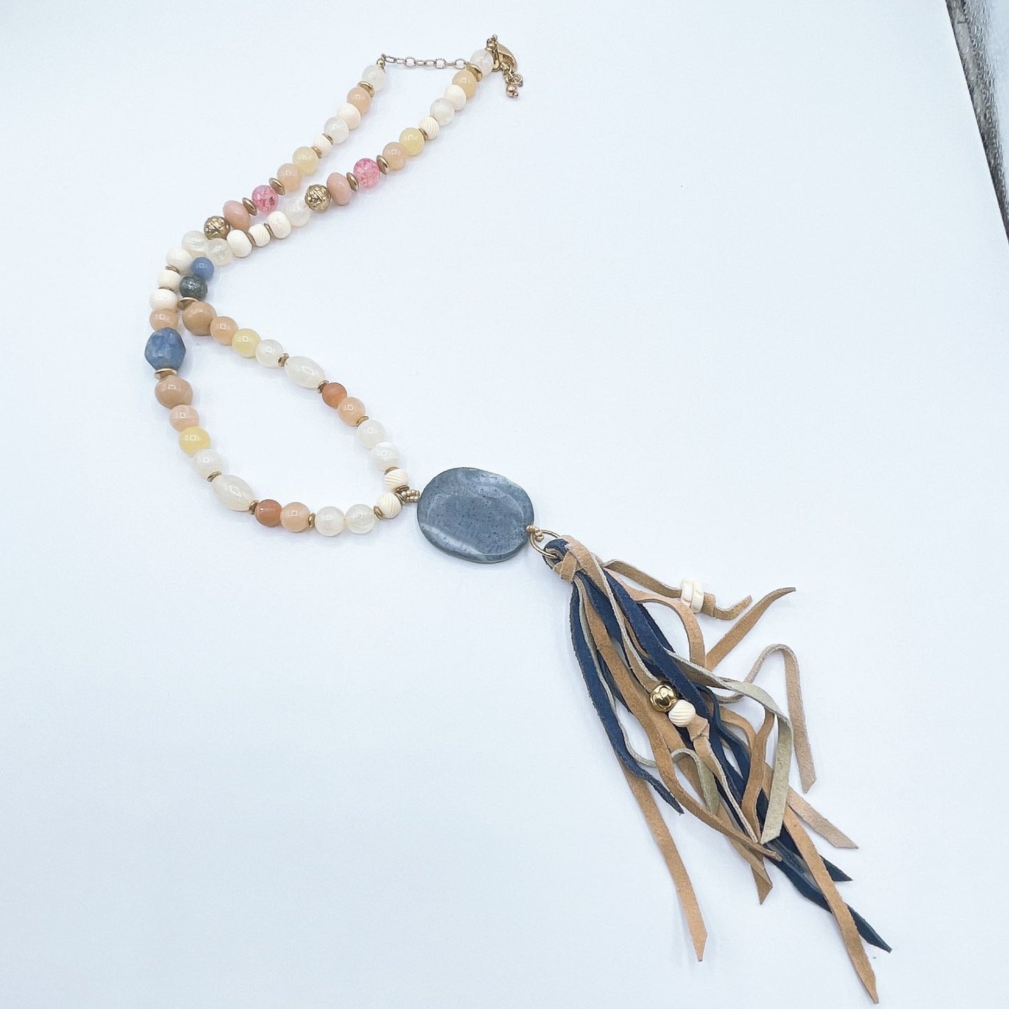 Chico's Bohemian Style Beaded Necklace With Leather Tassel & Stone Pendant