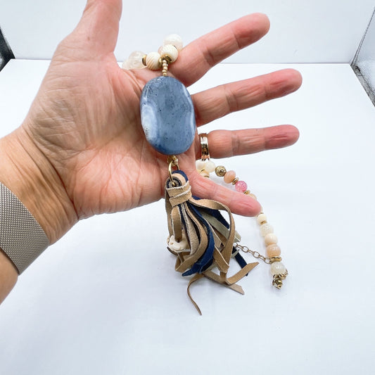 Chico's Bohemian Style Beaded Necklace With Leather Tassel & Stone Pendant