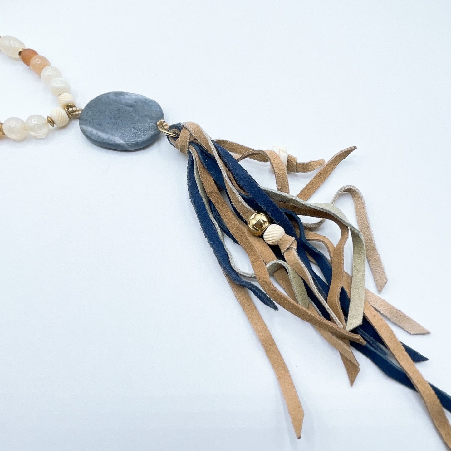 Chico's Bohemian Style Beaded Necklace With Leather Tassel & Stone Pendant