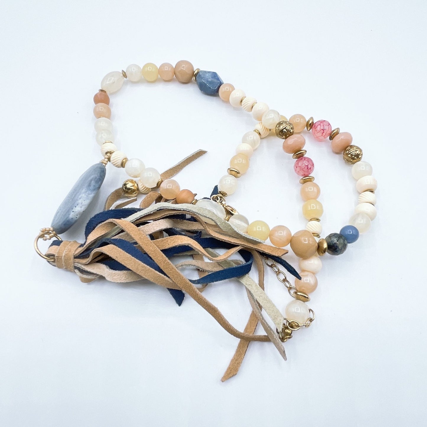 Chico's Bohemian Style Beaded Necklace With Leather Tassel & Stone Pendant