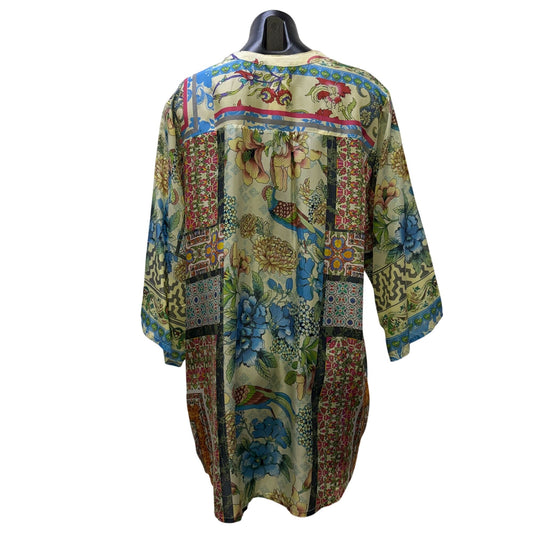 Johnny Was Silk Blouse With Floral & Geometric Print Multicolor L