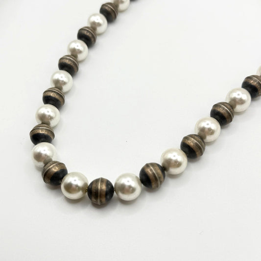 Vintage Sterling Silver & Faux Pearl Beaded Necklace With Hook Clasp