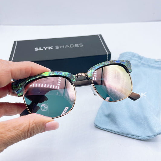 Slyk Shades Abalone Shell Design Polarized Sunglasses Rose Gold Accents Wooden Arms