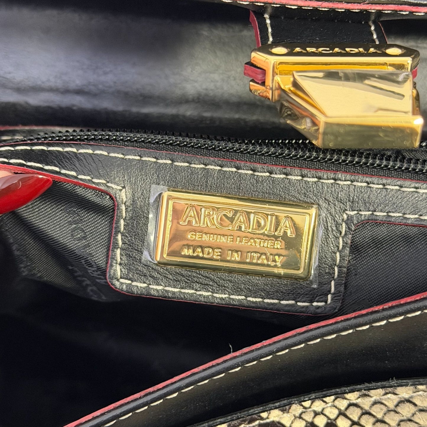 Arcadia Italian Leather Satchel Handbag Black & Python Print Gold Hardware