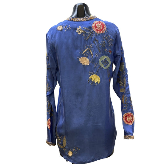 Biya Johnny Was Blue Silk Embroidered Button-Down Tunic Blouse S