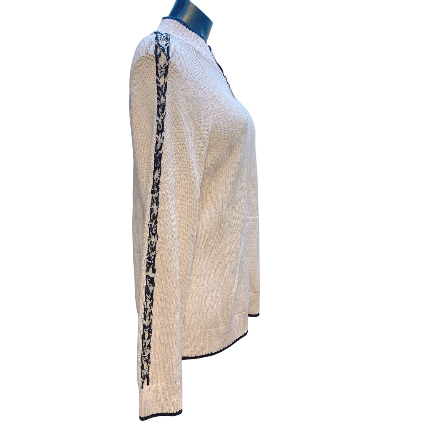 St. John Sport Cream Black Knit Cardigan Zipper Braided Sleeve Detail M
