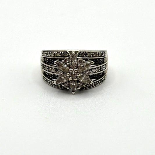 Vintage Sterling Silver Floral Ring With CZ Stones 925 6.5