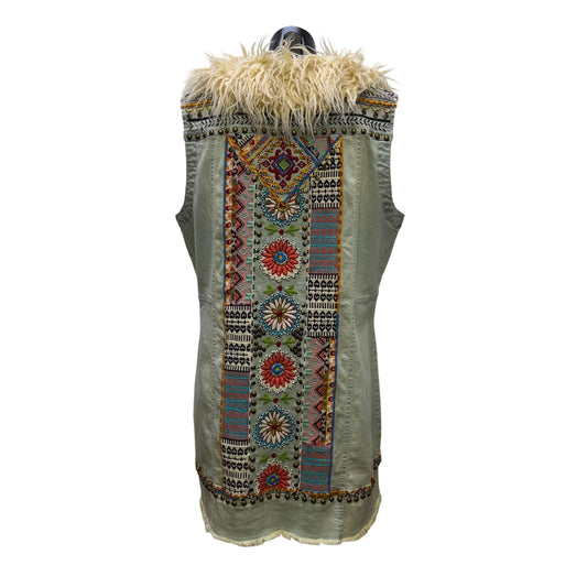 Double D Ranch Embroidered Denim Vest With Faux Fur Collar XL