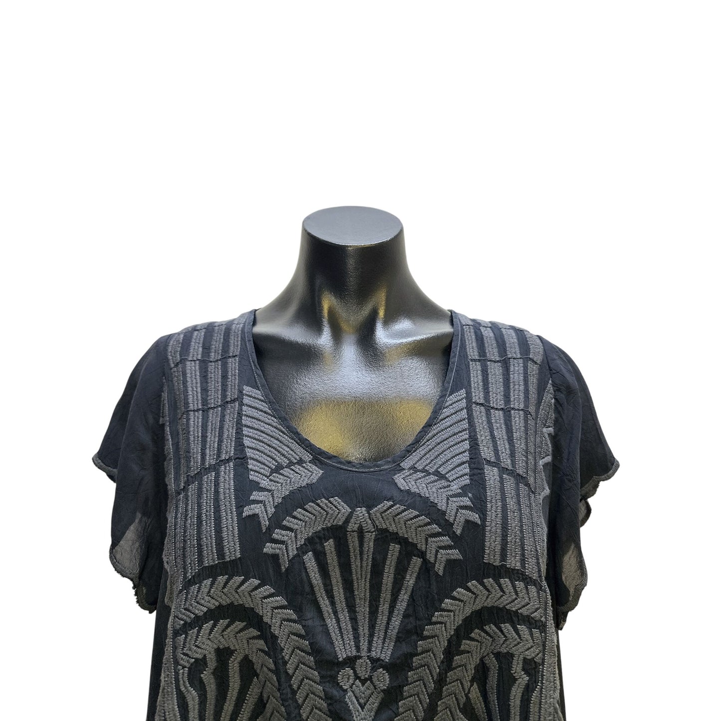 Johnny Was Boho Black & Gray Geometric Embroidered Tunic Blouse Size L