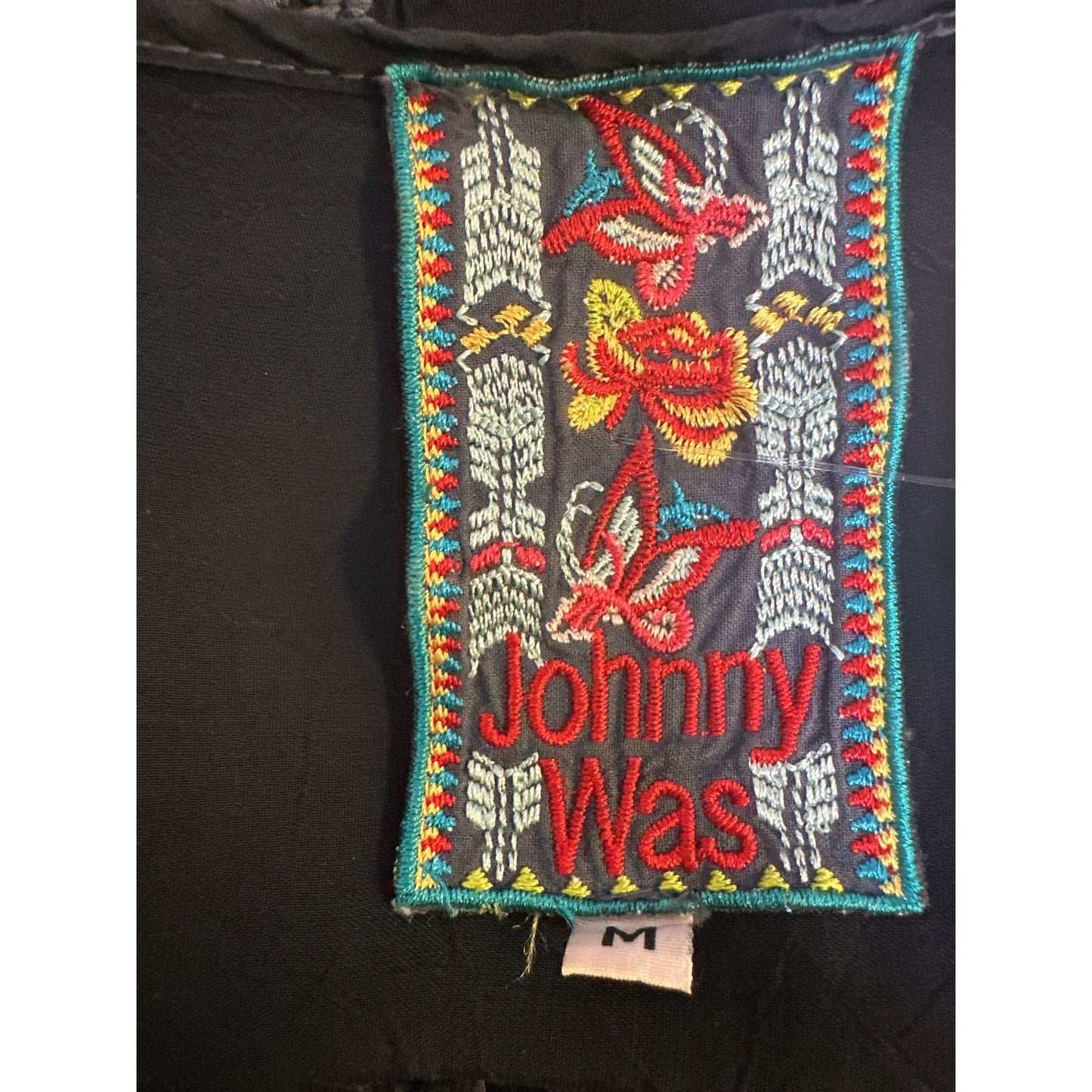 Johnny Was Boho Black & Gray Geometric Embroidered Tunic Blouse Size L