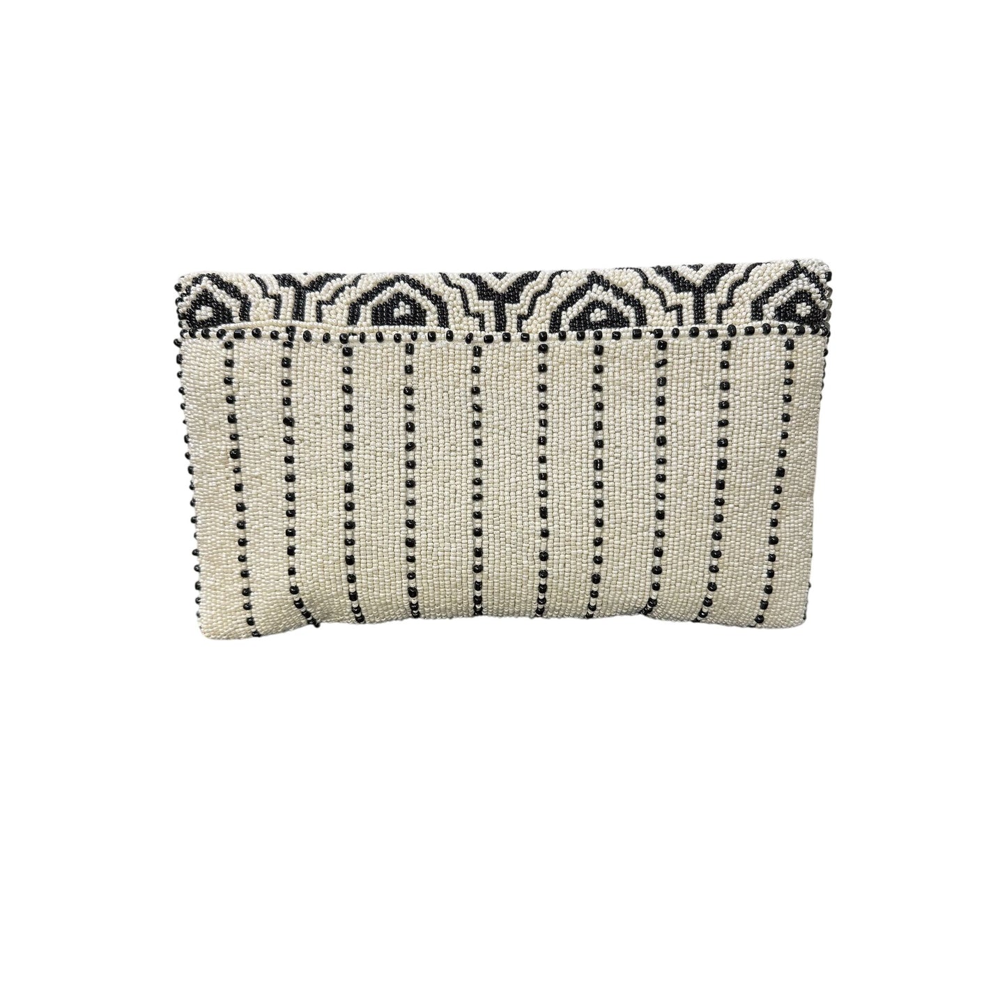 Mary Frances Black & White Geometric Beaded Clutch Crossbody w/Chain Strap