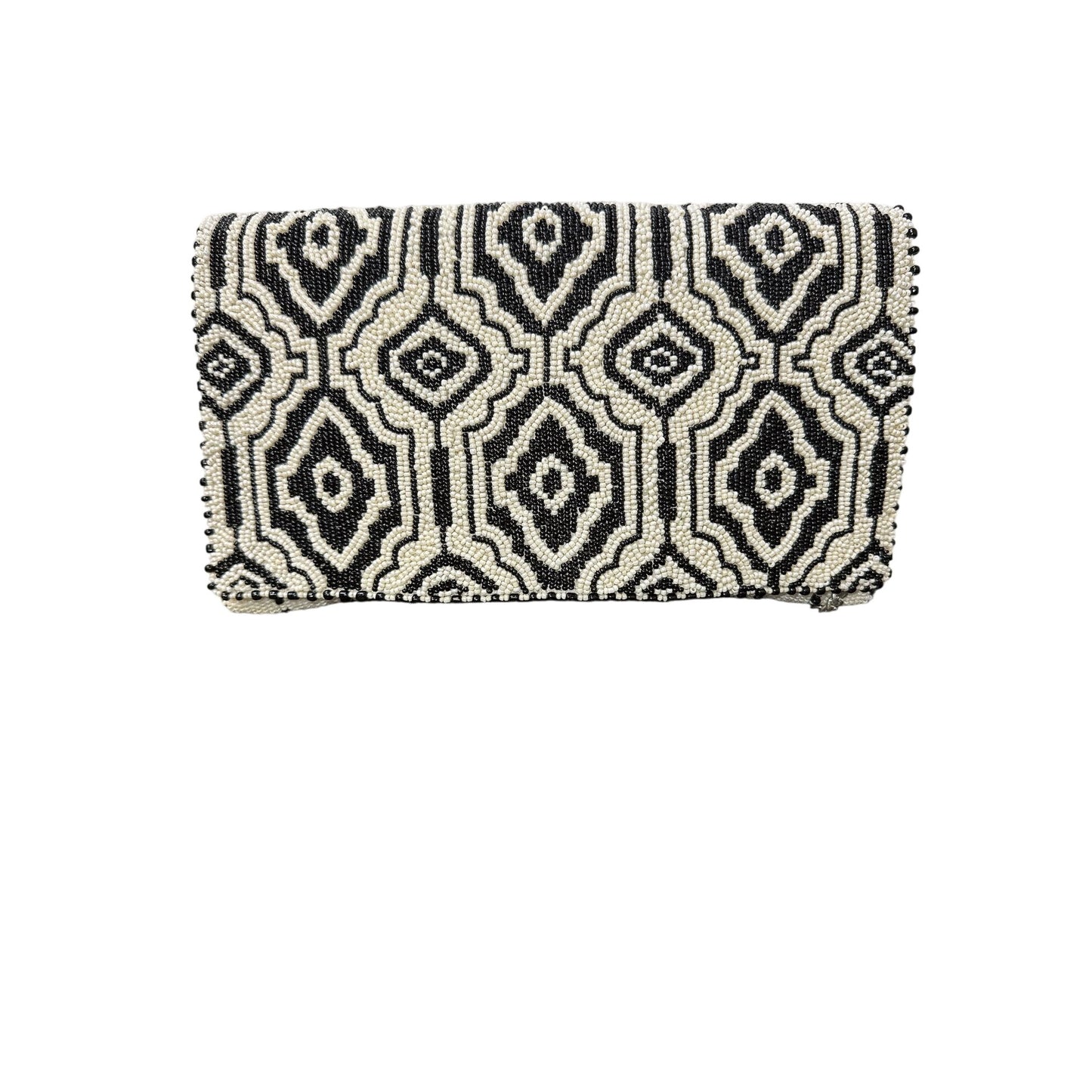 Mary Frances Black & White Geometric Beaded Clutch Crossbody w/Chain Strap