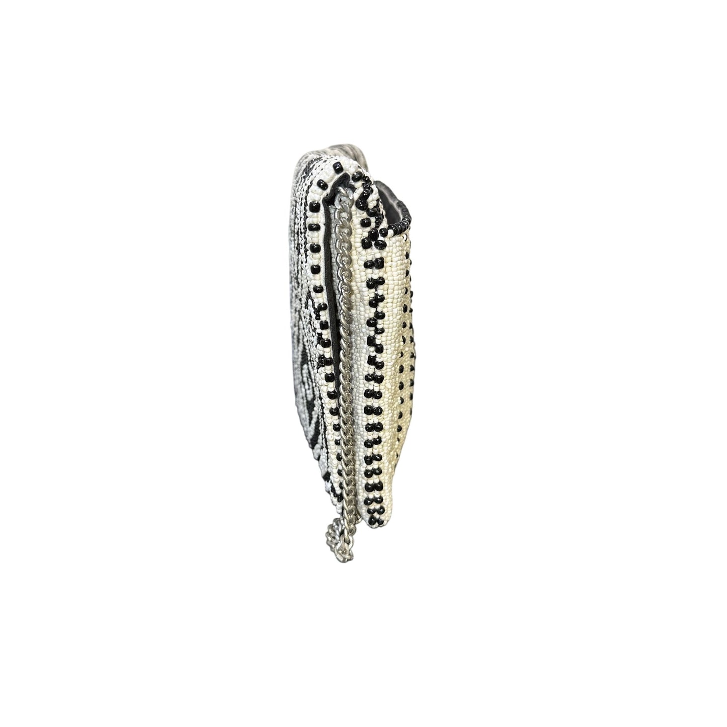 Mary Frances Black & White Geometric Beaded Clutch Crossbody w/Chain Strap