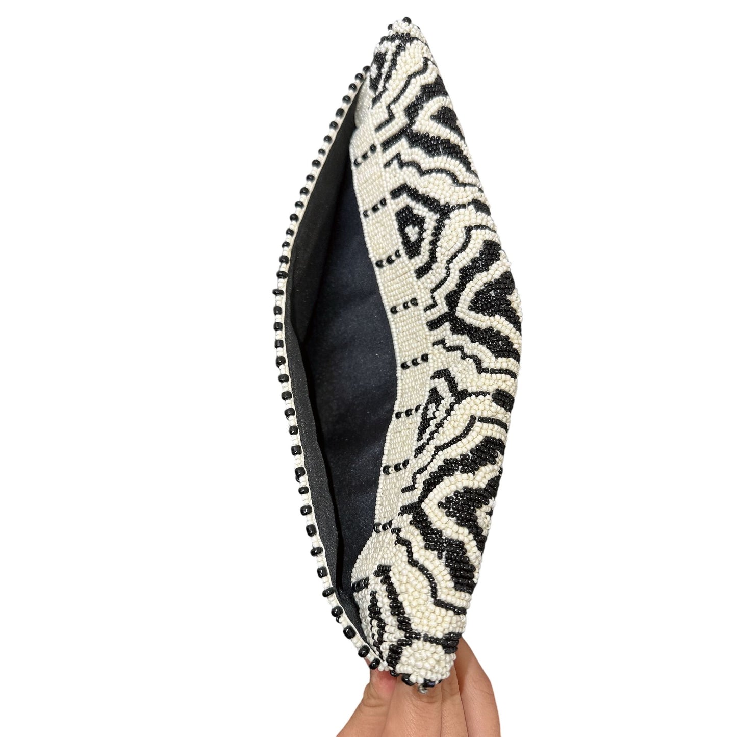 Mary Frances Black & White Geometric Beaded Clutch Crossbody w/Chain Strap