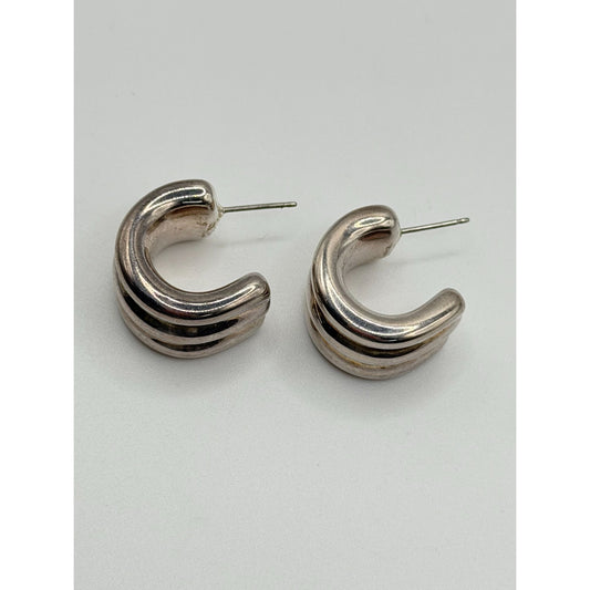 Sterling Silver 925 Chunky Triple Band Hoop Earrings