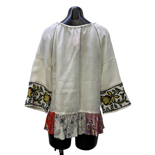 John Mark Linen Blouse White Multi Embroidered Bell Sleeve M