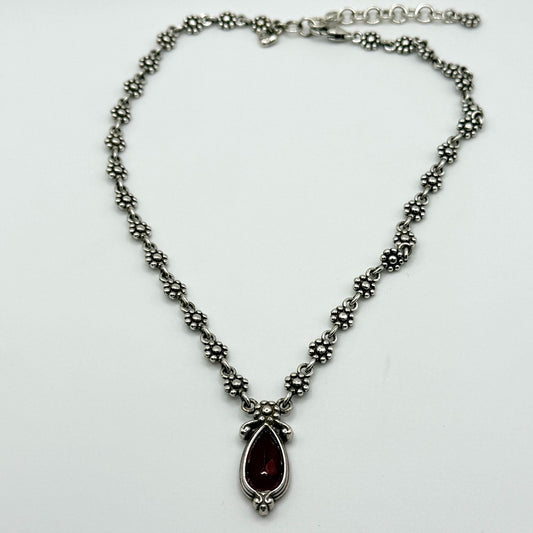 Brighton Silver Tone Red Glass Teardrop Charm Daisy Necklace
