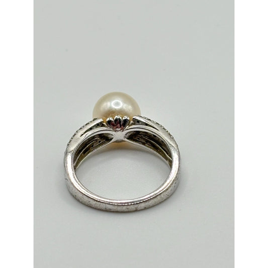 White Cultured Japanese Akoya Pearl & Blue Diamond Sterling Silver Ring