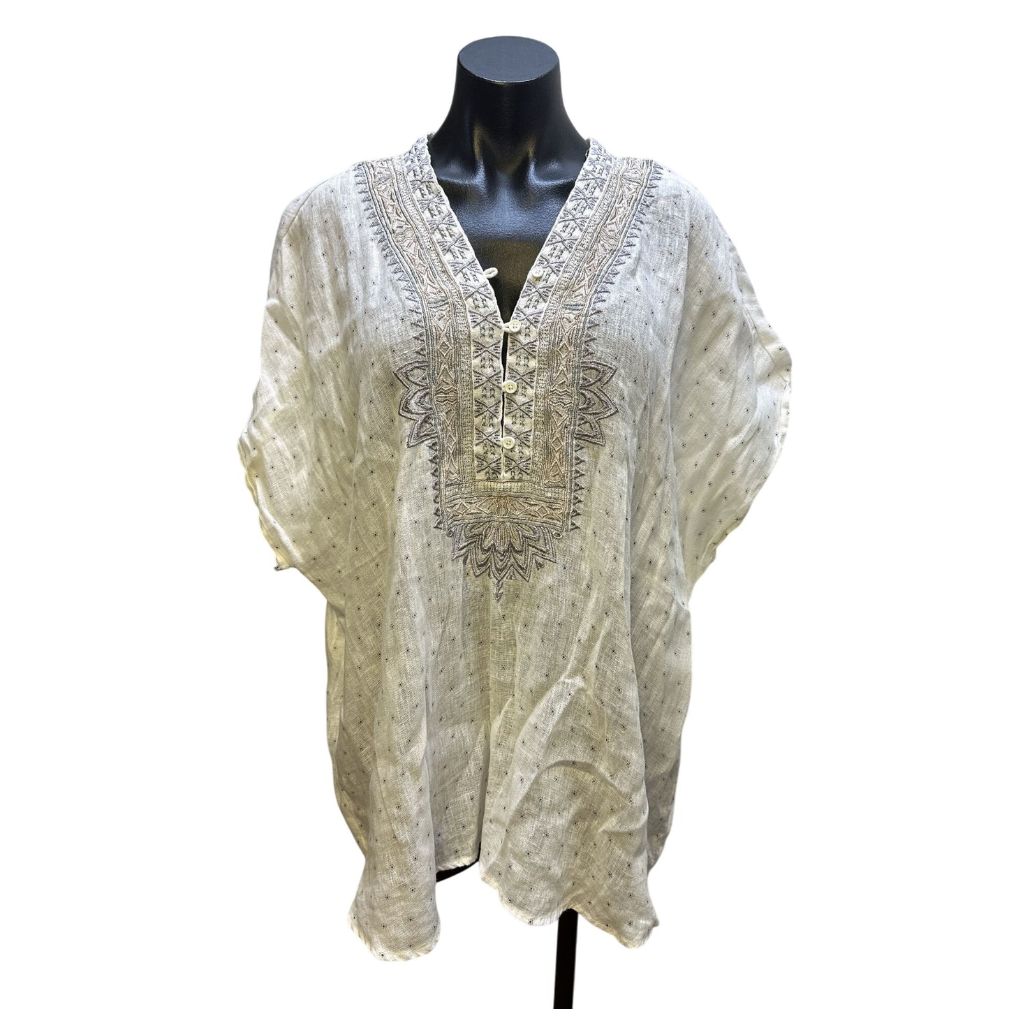 Johnny Was White Embroidered Linen Blouse w/Geometric Patterns & Buttons Size L
