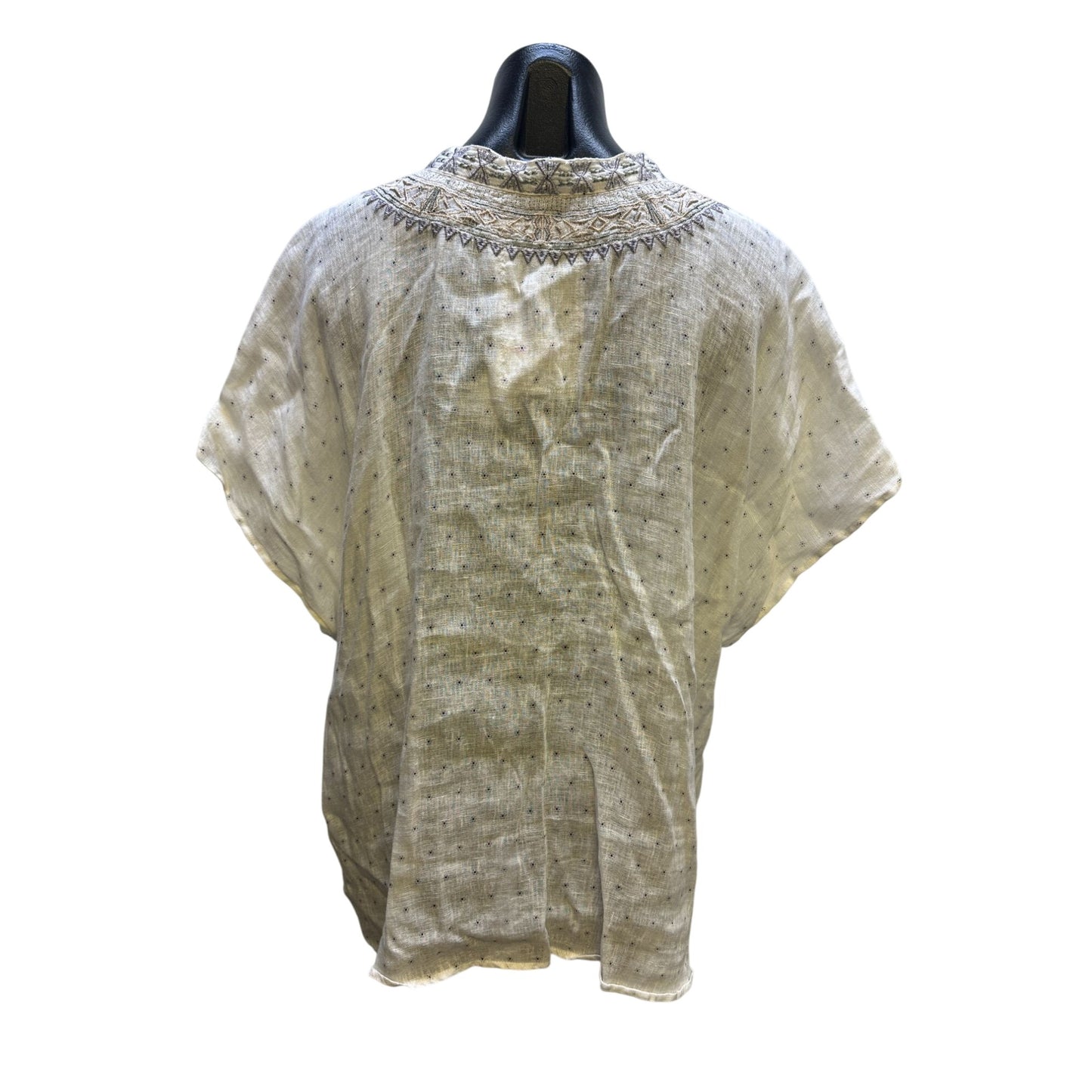 Johnny Was White Embroidered Linen Blouse w/Geometric Patterns & Buttons Size L