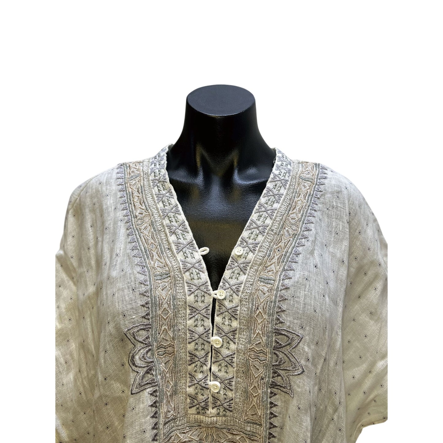 Johnny Was White Embroidered Linen Blouse w/Geometric Patterns & Buttons Size L