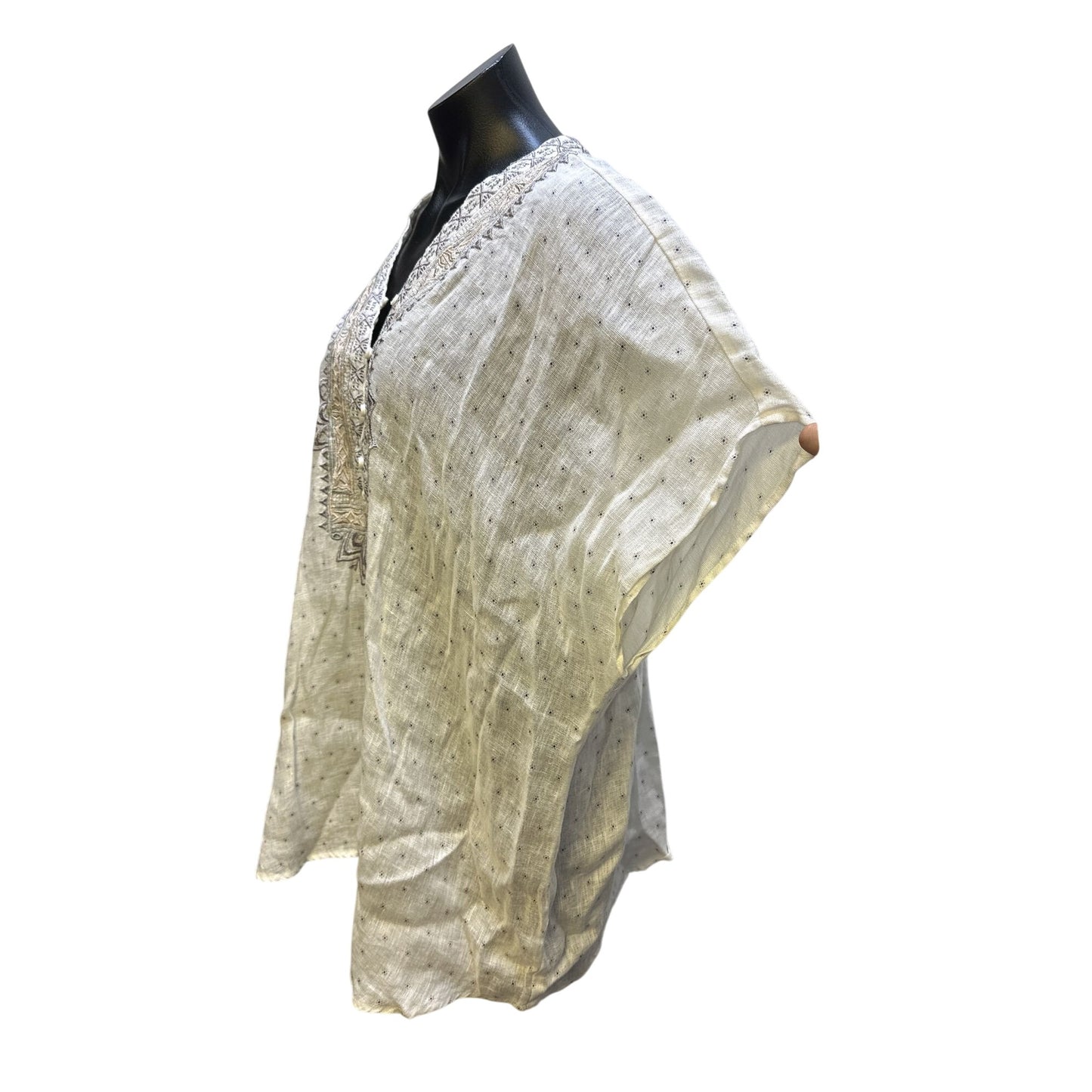 Johnny Was White Embroidered Linen Blouse w/Geometric Patterns & Buttons Size L