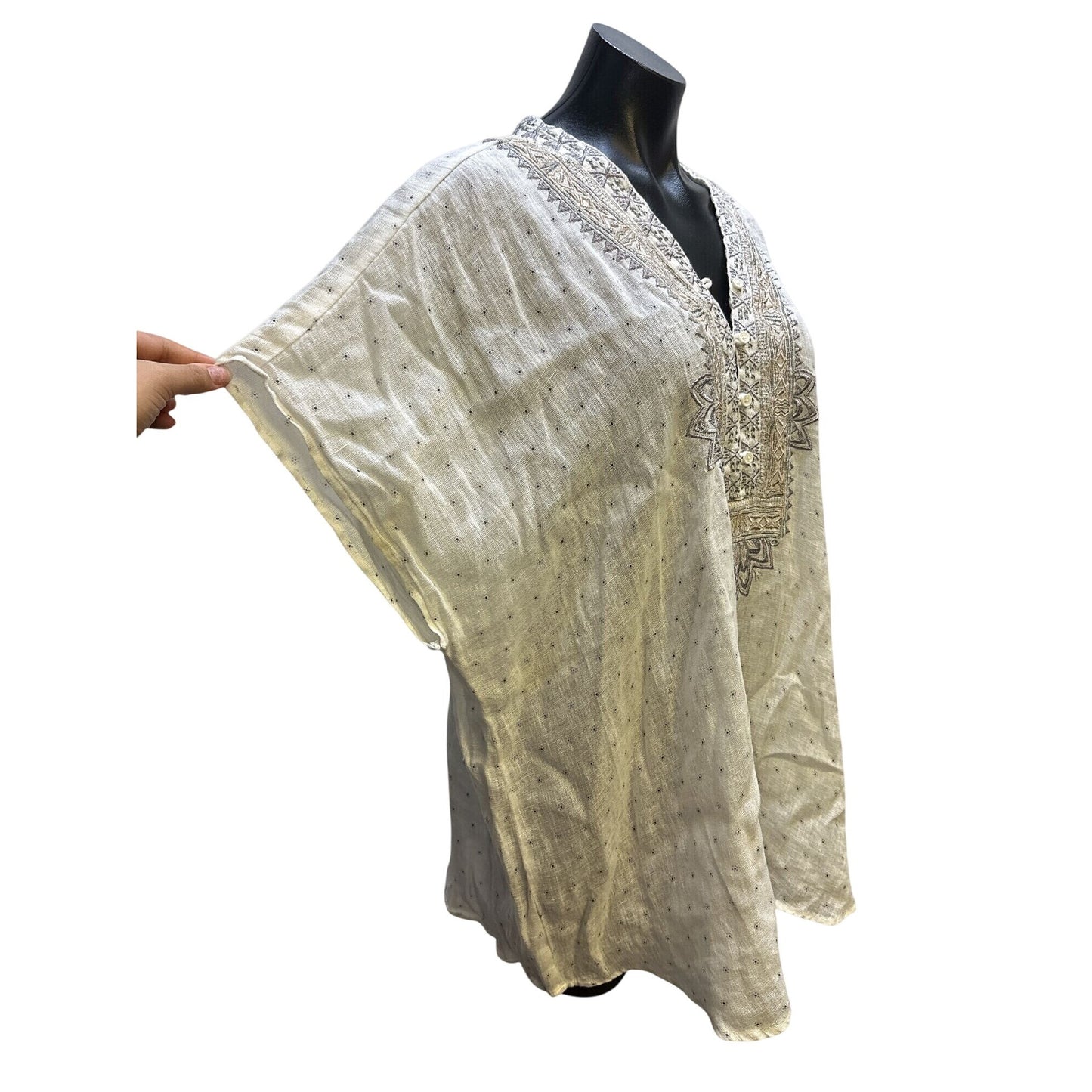 Johnny Was White Embroidered Linen Blouse w/Geometric Patterns & Buttons Size L