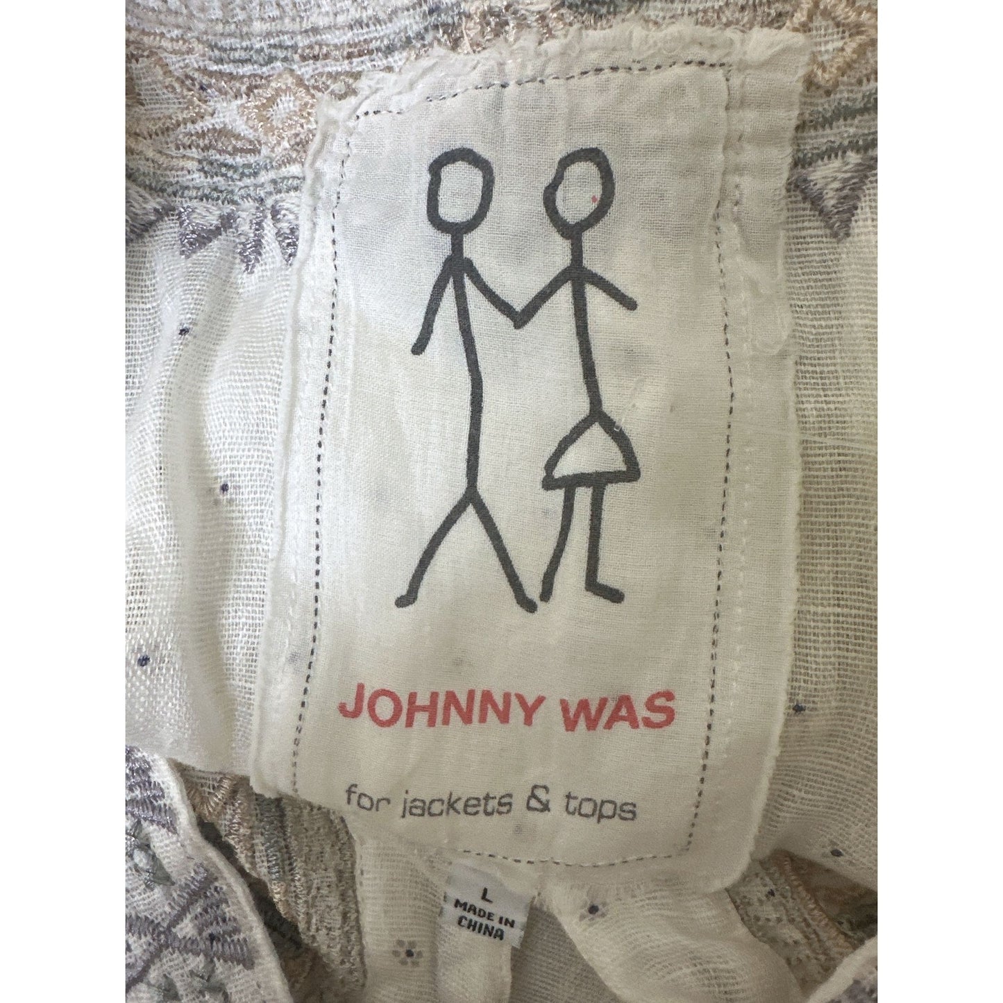 Johnny Was White Embroidered Linen Blouse w/Geometric Patterns & Buttons Size L